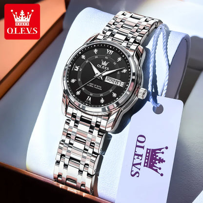 OLEVS 5513 Quartz Watch for Women Diamond Scale Dual Calendar Stainless Steel Strap Waterproof Watch Elegant Ladies Wristwatches
