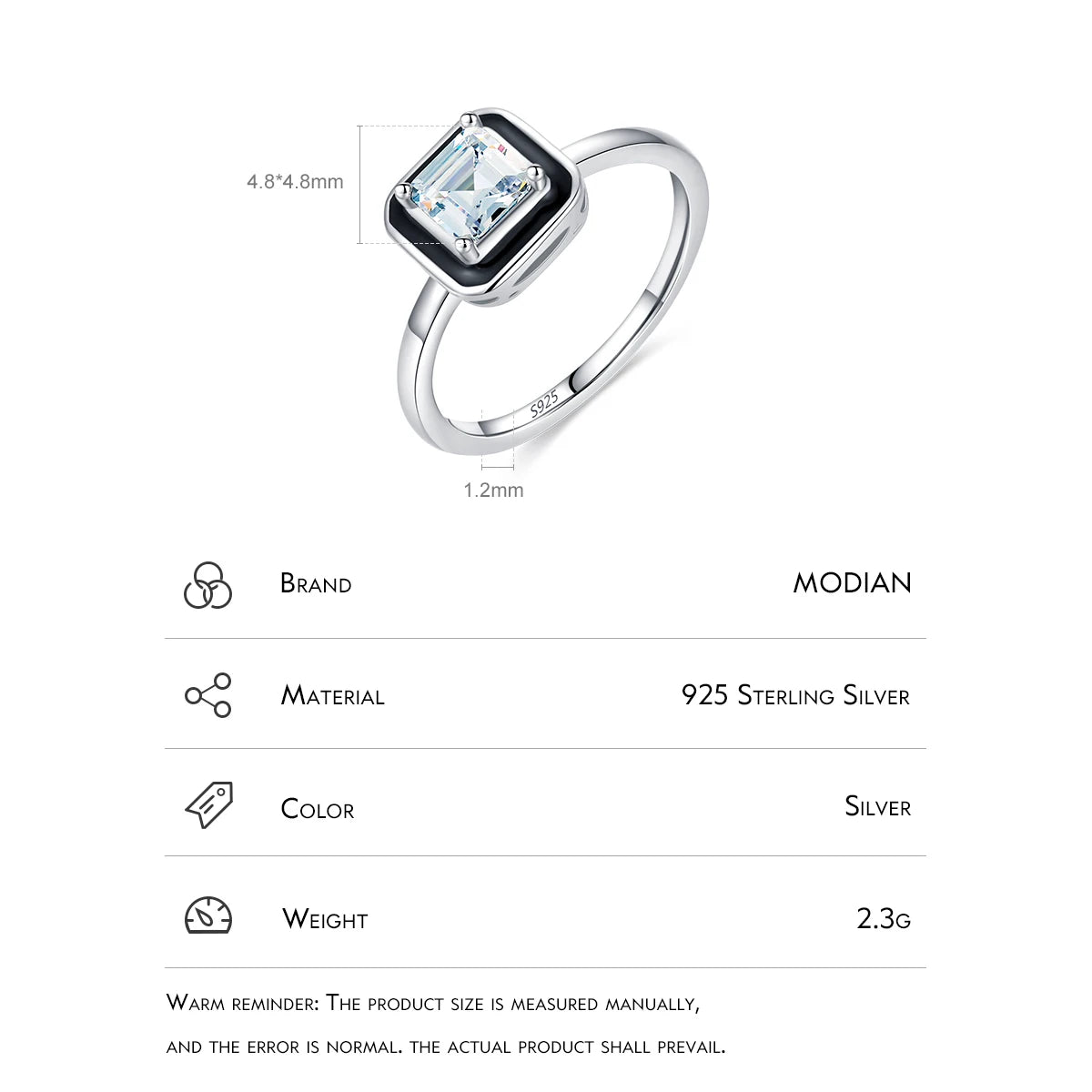 925 Sterling Silver Fashion Black Enamel Finger Ring Clear Square CZ Ring