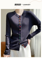 Women's 100% Merino Wool Sweater Round Collar Colorful Buckles Slim Fit Cardigan