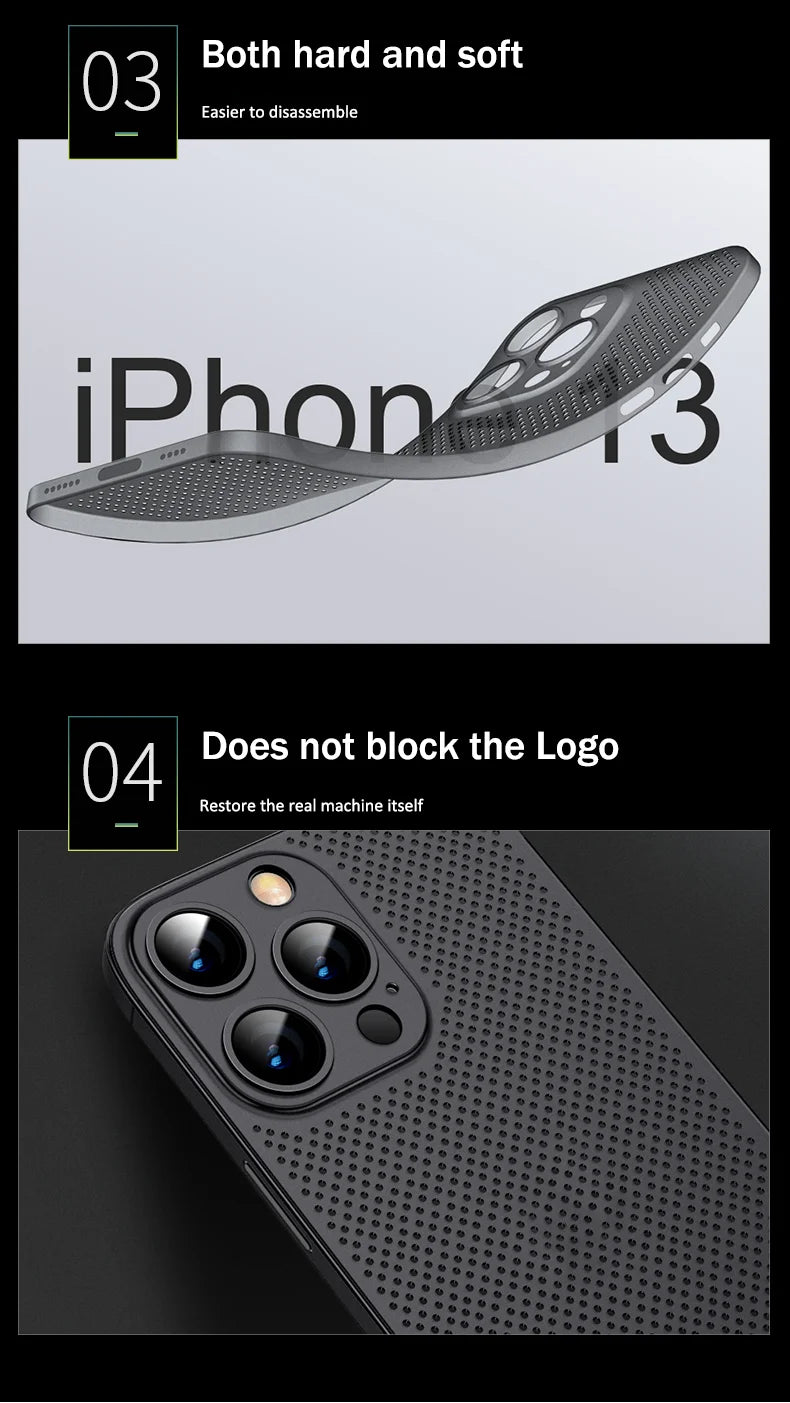 Heat Dissipation Breathable Cooling Case Ultra Thin Matte Mesh Hollow  Slim Hard iPhone 16 15 14 13 12 Pro Max Plus