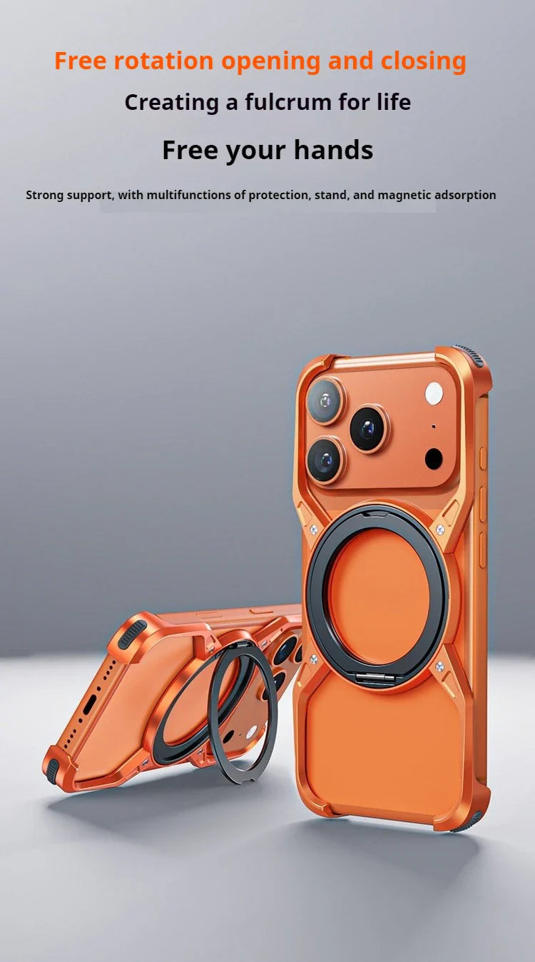 Metal Alloy Punk Frame Phone Case For iPhone 17 16 15 14 13 Pro Max 360 Rotating Bracket Magsafe Ring Magnet Stand Bumper Cover