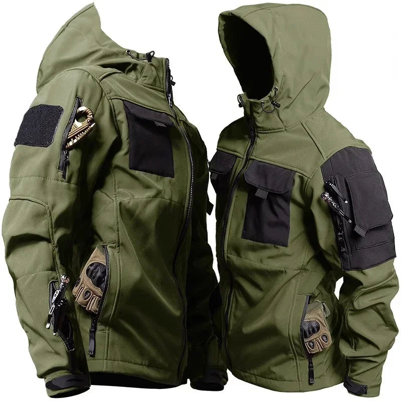 Mens Thicken Tactical Set Windproof Waterproof Outdoor Suit Soft Shell Multi-Pocket Hooded Jackets+Fleece Work Pants 2-piece