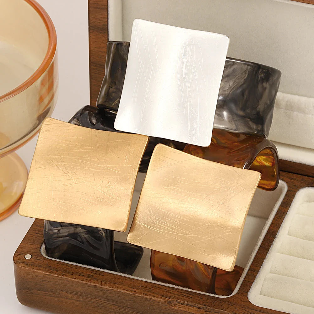 Greatera Metal Brushed Exaggeration Personality Geometric Drawn Square Convex Circular Opening Bracelet Transparent Cuff Bangle