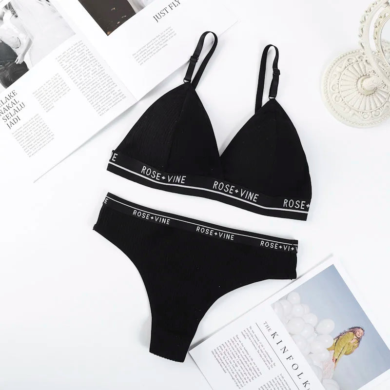 Women Cotton Bra Low Waist Panties Lingerie Set Letter Print Push Up Bras