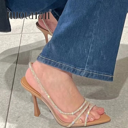 2023 Women Summer Rhinestone Slingback Pumps Office Lady Transparent Heeled Sandals Elegant Pointed Toe Female Sexy High Heels