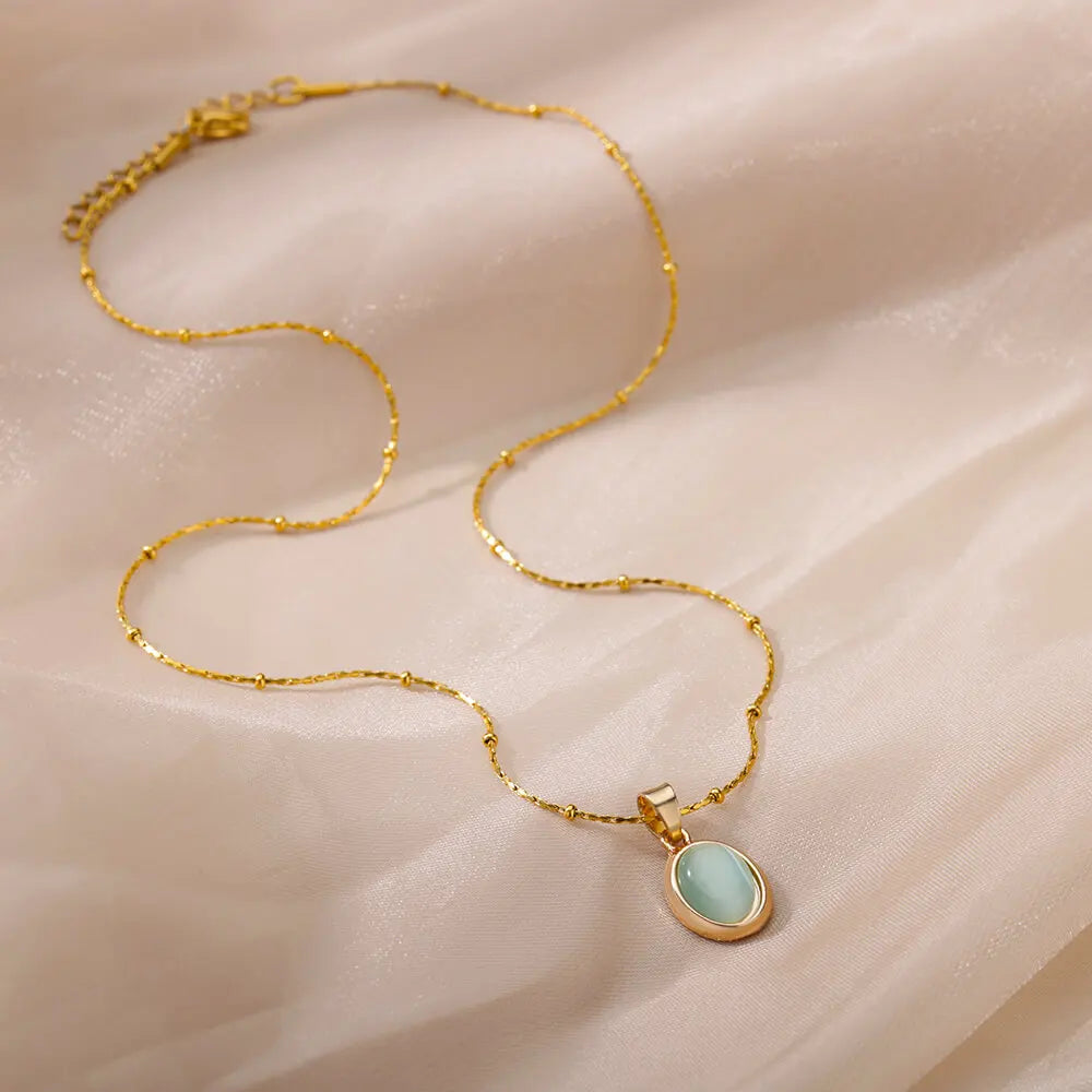 Fashion Stone Opal Oval Necklace For Women Stainless Steel Gold Color Oval Stone