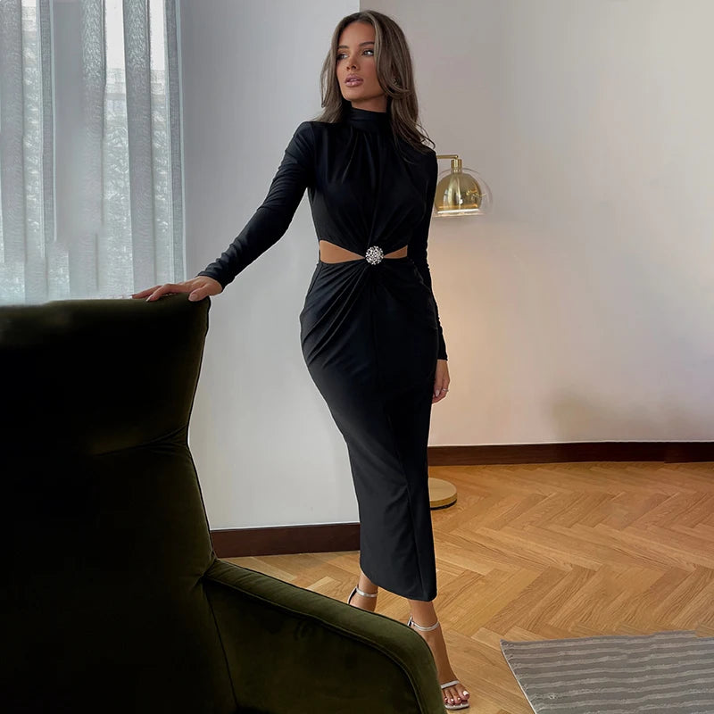 Formal attire Dresses: Out Knotted Maxi Dress For Women Spring Fall Turtleneck