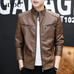 Autumn Winter Stand Collar Loose Casual PU Leather Jacket Male Add Velvet Warm