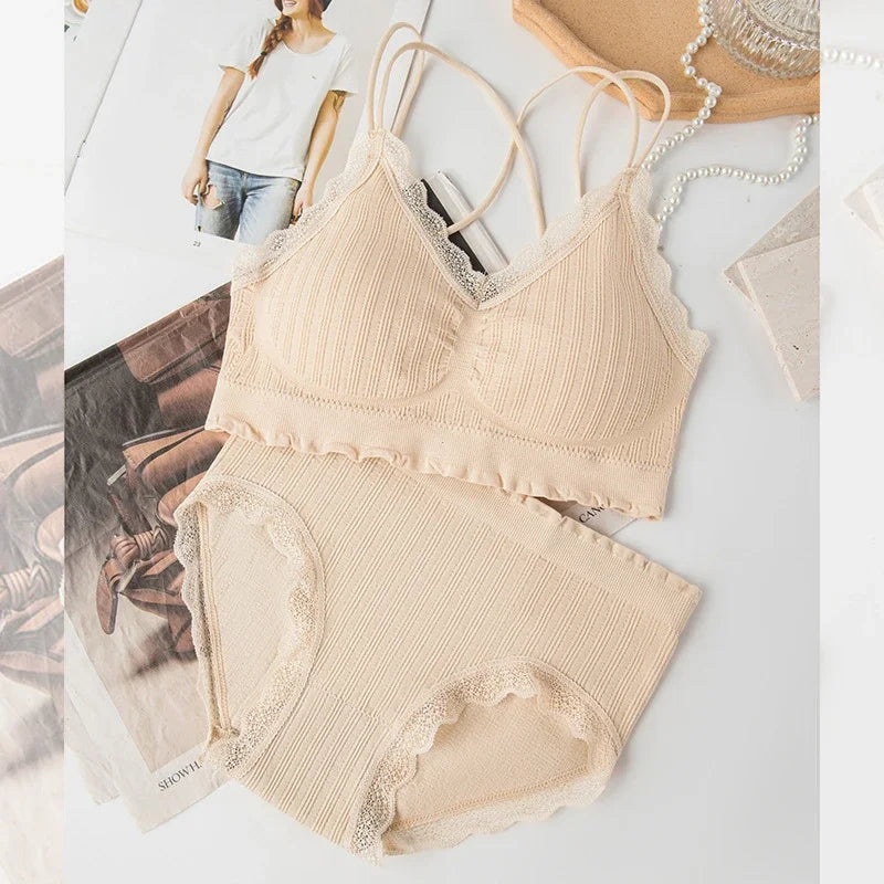 Tops Set High Waist Panties Women Wireless Underwear Suit Soft Padded Bras Set