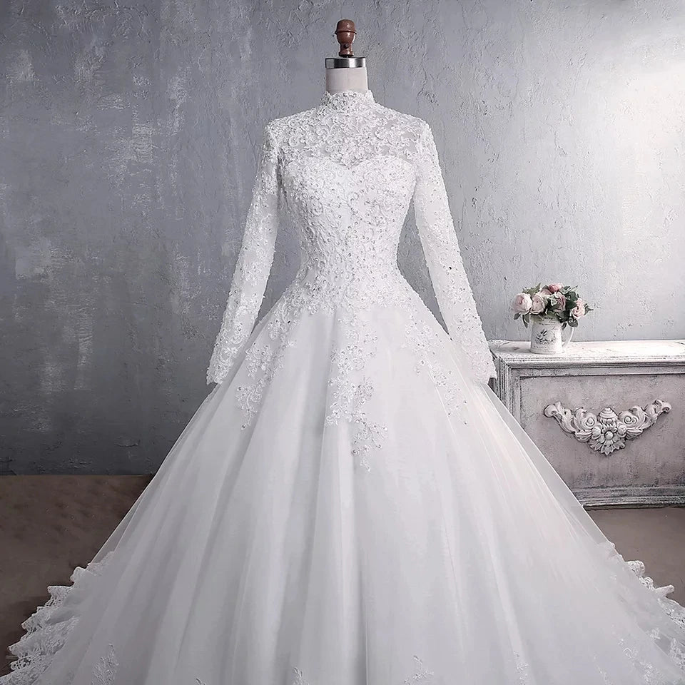 Wedding Dress Lace Appliques Beading Sequins Bride Dresses High Neck