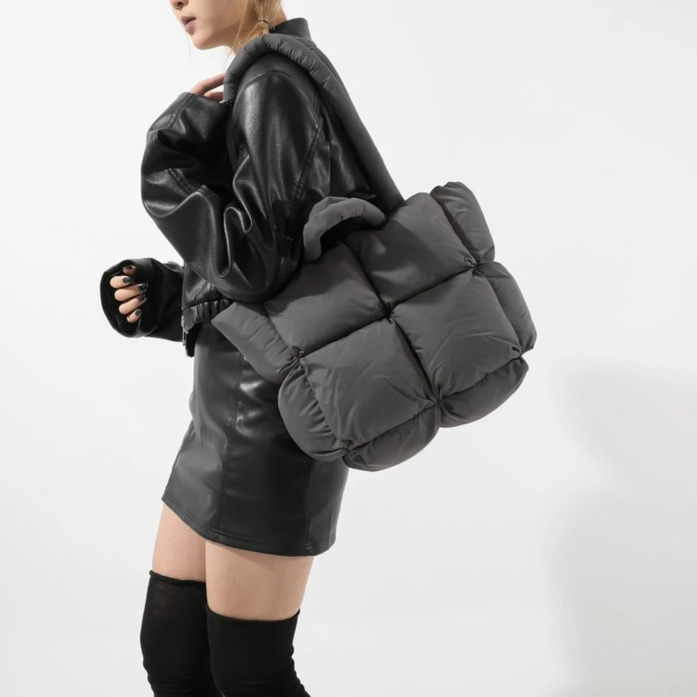 Women Retro Checkered Quilted Shoulder Bag Solid Color Winter Soft Handbags