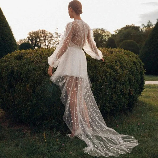 White Bridesmaid Dresses: O Neck Long Puff Sleeve Mini Wedding Dresses