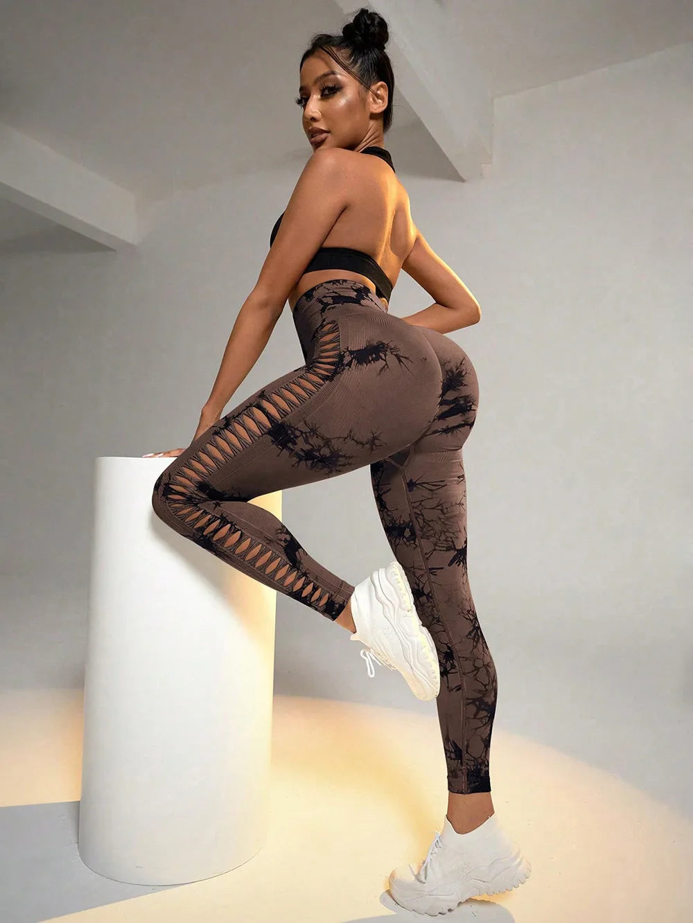 Women Tie Dye Hollow Out Leggings Sports Yoga Pants Fitness Sportswear