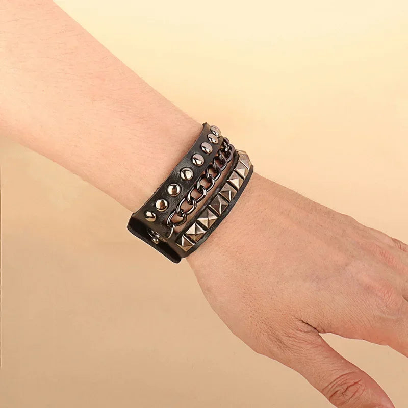 Punk Hip Hop Rock PU Leather Bracelet Unisex Trendy Chain Skull Pentagram Rivet Bracelet Party Jewelry Accessories