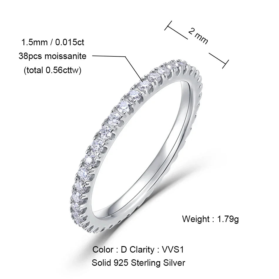 ALLNOEL 2mm Full Moissanite Ring for Women D Color VVS1 Female Single Tail Ring 925 Silver Ring Wedding Eternity Band With GRA