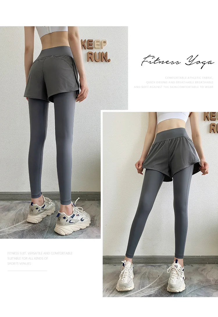 Women Gym Yoga Pants Fake 2 Pieces Sports Pants With Shorts Quick Dry Outdoor
