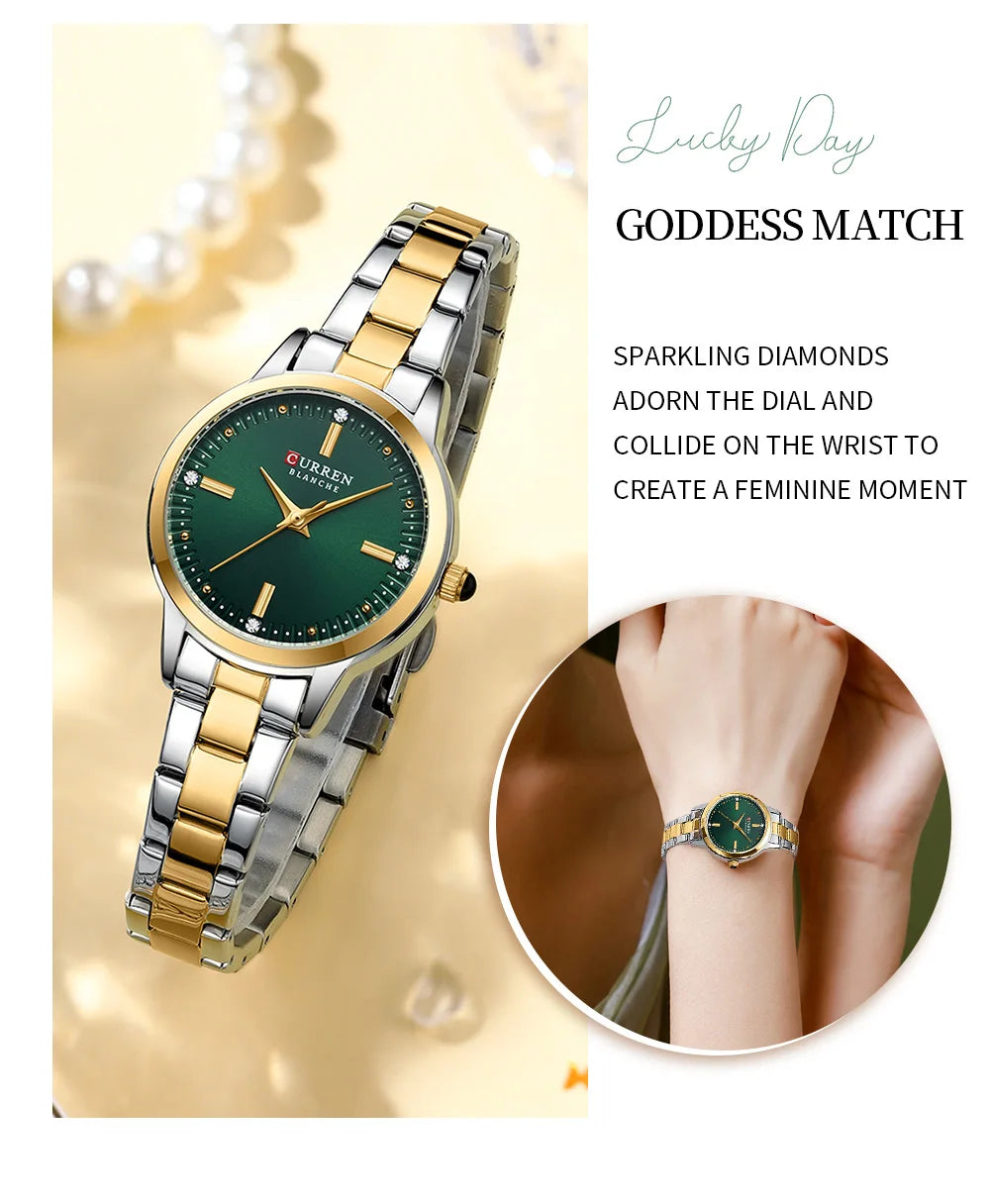 CURREN Simple Round Dial Fashion Dress Quartz Watches for Ladies with Stainless Steel Bracelet Luxury Wristwatches