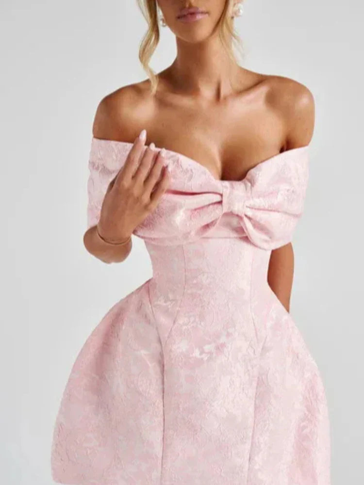 Fashionable And Sweet Slim Fit Jacquard Strapless Tie Bow One Shoulder Short Skirt American Sexy Temperament Solid Color Dresses