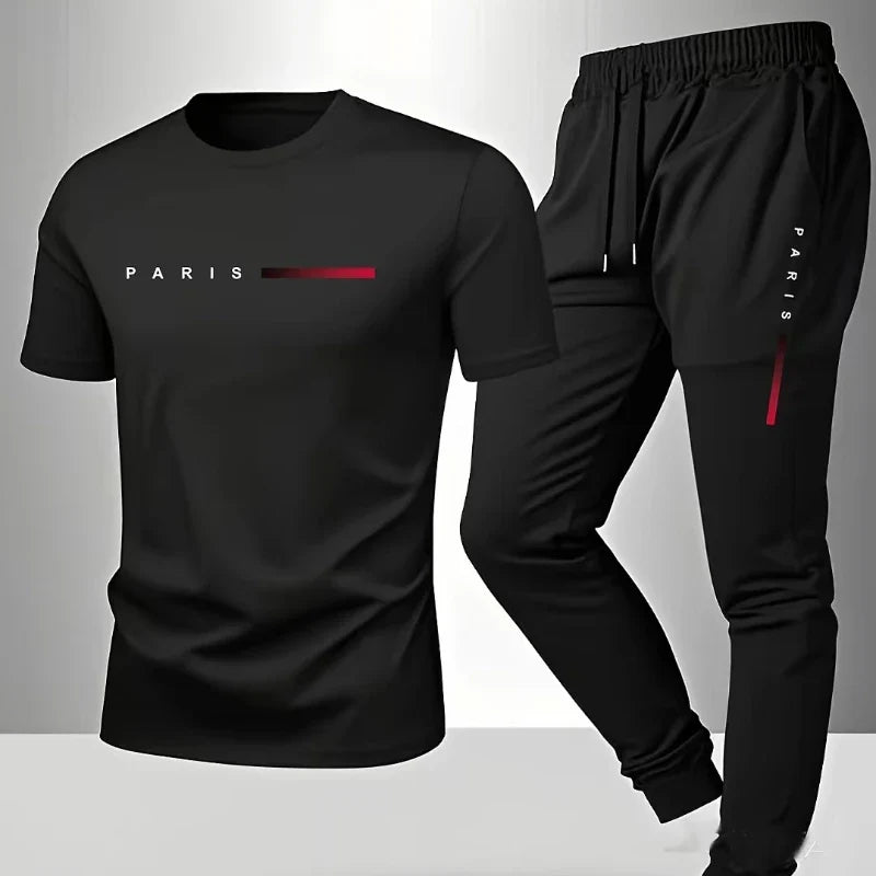 PARIS Men s casual suit spring and summer new style letter print American trend sports fashion short sleeved pants two-piece set