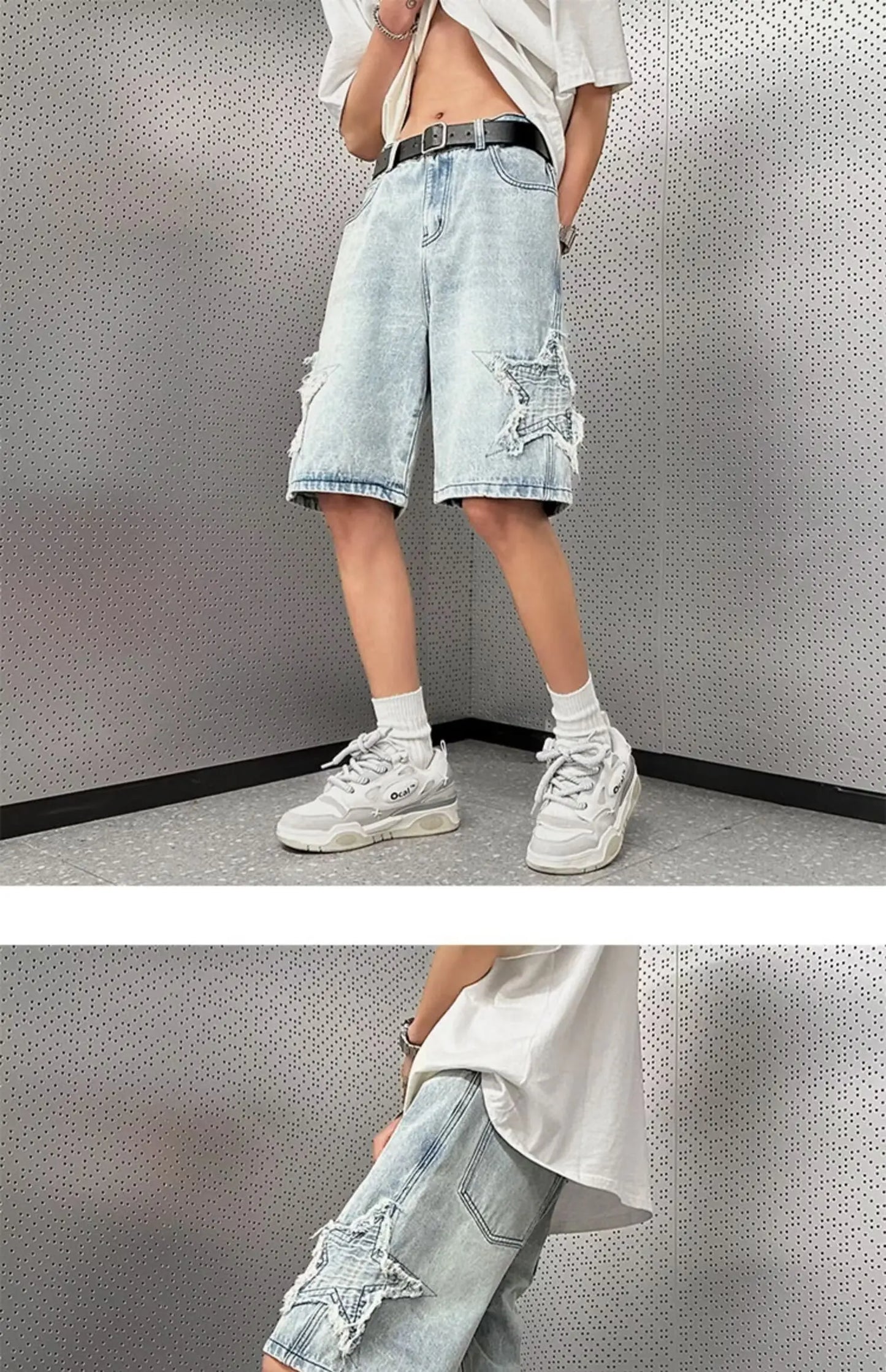 Star Patchwork Yellow Clay Color Jeans Summer Men Denim Shorts Trendy Streetwear Five-point Pants Straight Jeans Shorts