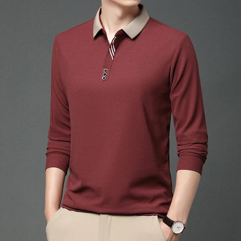 New Men's Business Casual Long Sleeved Shirt Solid Color Polo Shirt Fashionable Breathable Comfortable Versatile Top