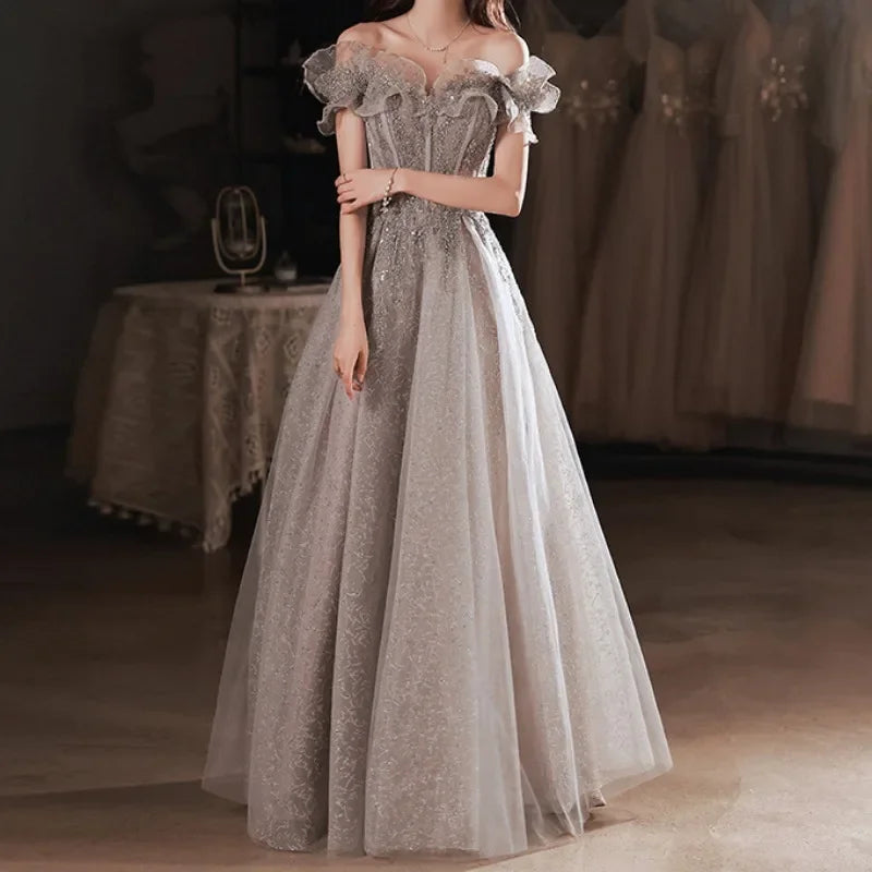 Homecoming Dresses: Gray Evening Dress Off Shoulder Shiny Sequin Lace A-line