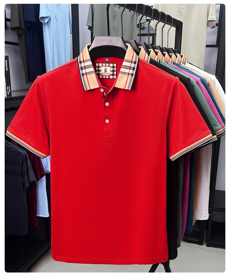High end silky cotton breathable short sleeve polo shirt men's summer new trend plaid lapel designer brand casual golf T-shirt