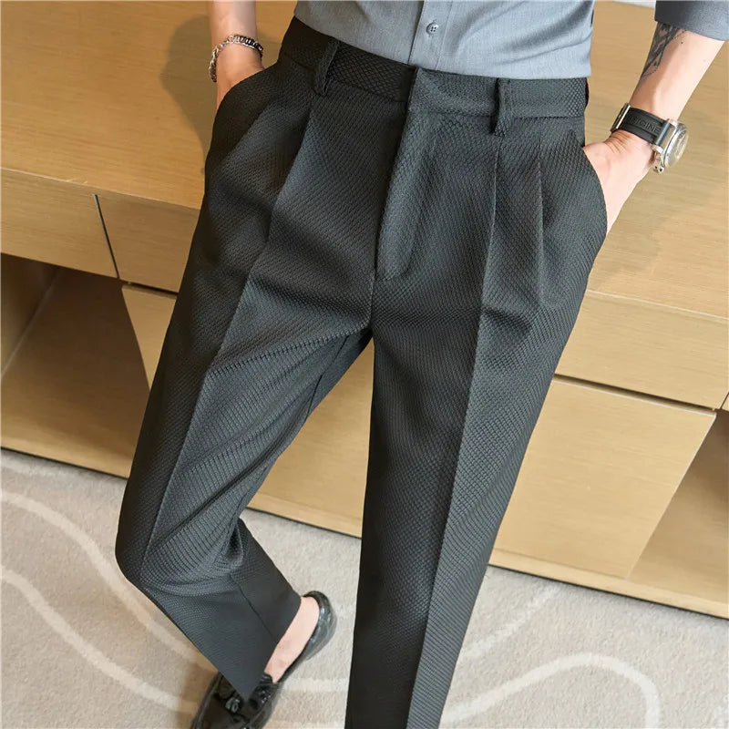 Waffle Fabric Men High Waist Casual Pant Fashion Men Simple Slim Fit