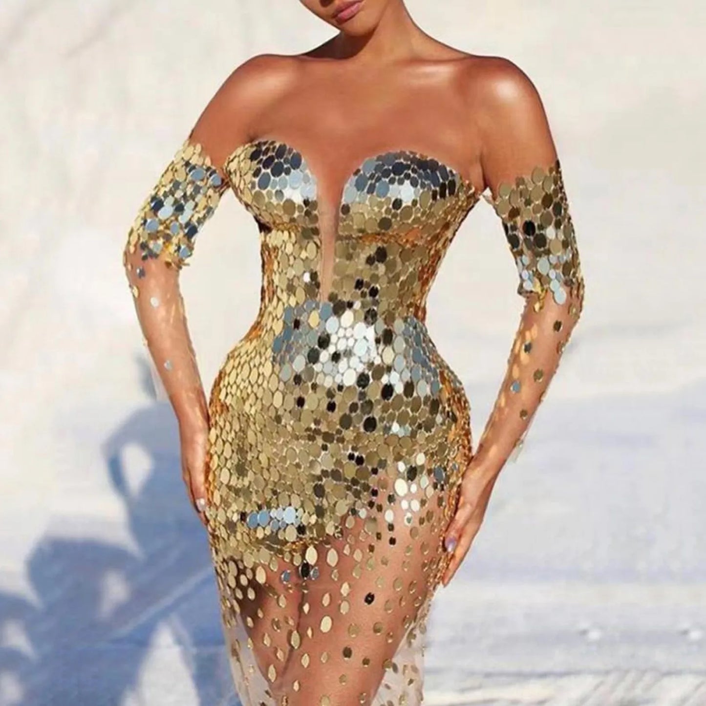 Evening wear Dresses: Women Off Shoulder Tassel Gold Long Evening Dresses