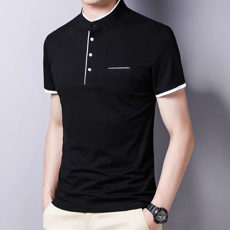 2025 New Men's Casual and Fashionable Solid Color Short Sleeved Stand Up Collar T-shirt Summer Versatile and Comfortable Top