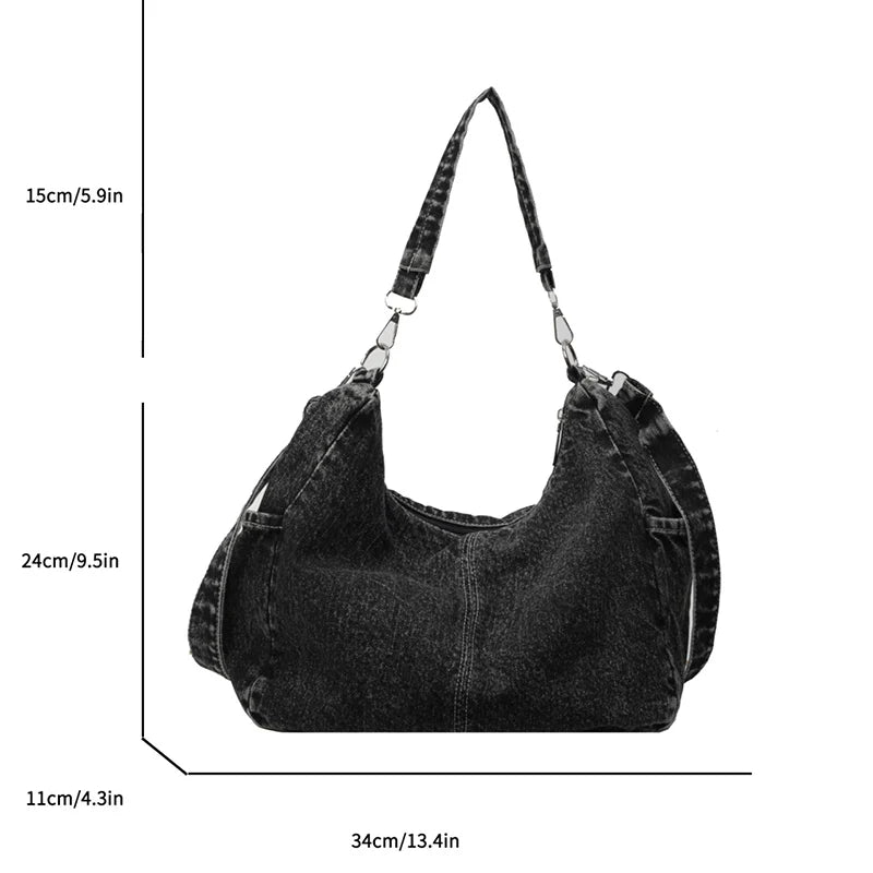 Women's minimalist and fashionable casual denim shoulder bag, zippered shopping bag