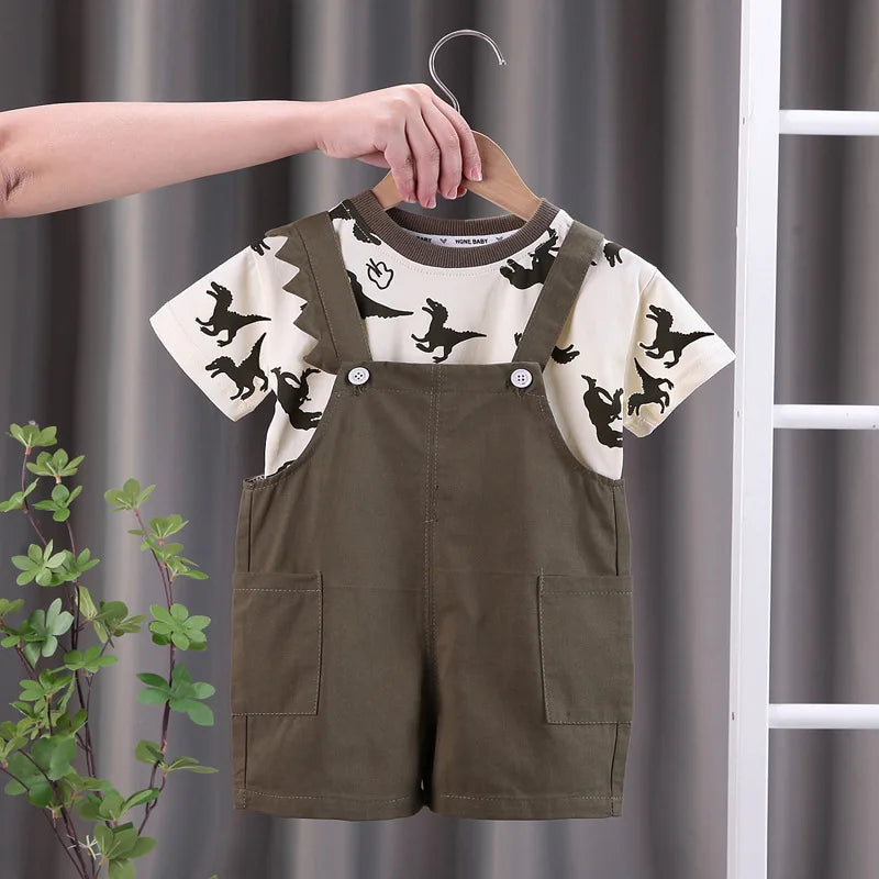 New Summer Baby Boys Clothing Toddler Fashion Infant Children Dinosaur Print Clothes Suits Solid T Shirt Overalls Pants 2Pcs/Set