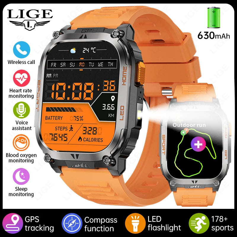 2025 New GPS Tracker Smart Watch Men LED Flashlight 1.96'' HD Screen Compass Watches Bluetooth Call Waterproof Sports Smartwatch