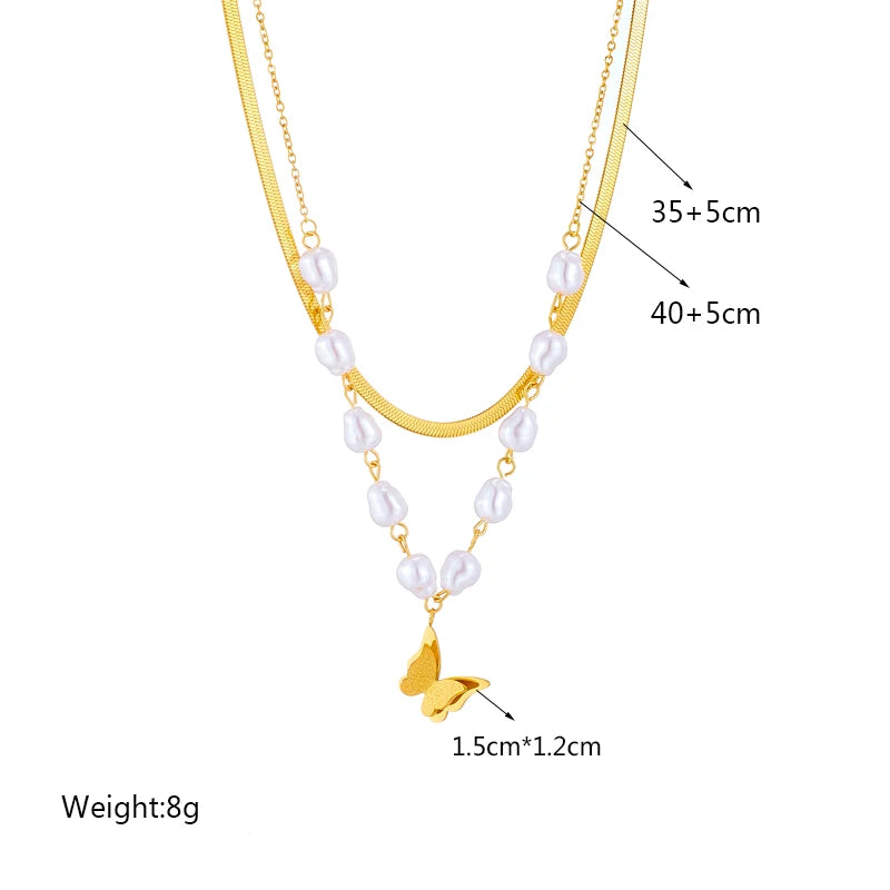 Stainless Steel Pearl Heart Butterfly Green Stone Pendant Necklace For Women