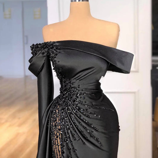 Lily Off-shoulder Black Pageant Party Gown Luxury Pearls Evening Dress Formal Dress