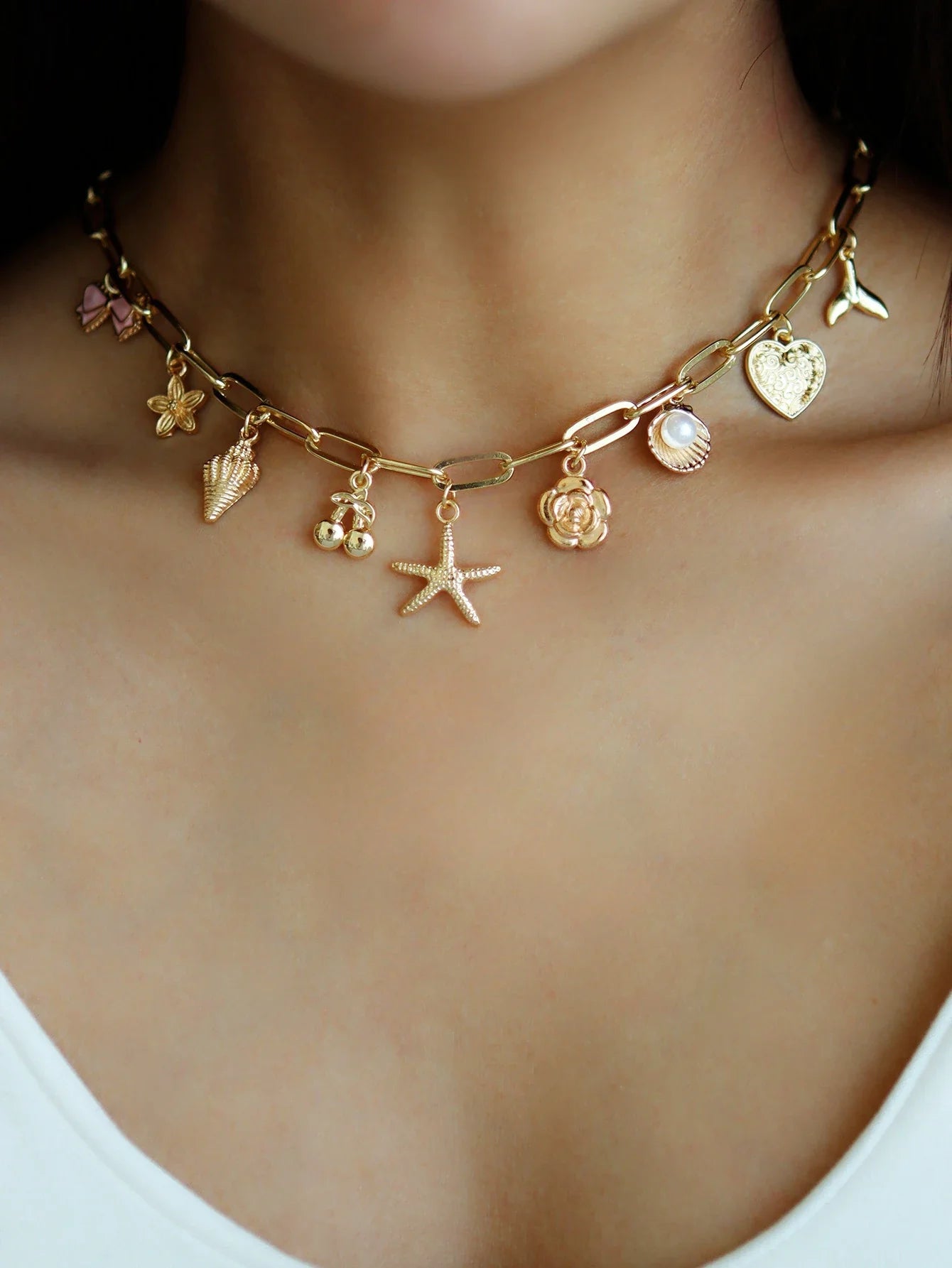 Dopamine Cherry Starfish Chili Peppe Pendant for Women Charm Chain Necklace Beach Jewelry Vacation Gift