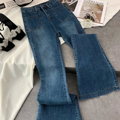 Classic High Waist Flare Jeans Women Vintage Pockets Stretch Slim Straight Trousers