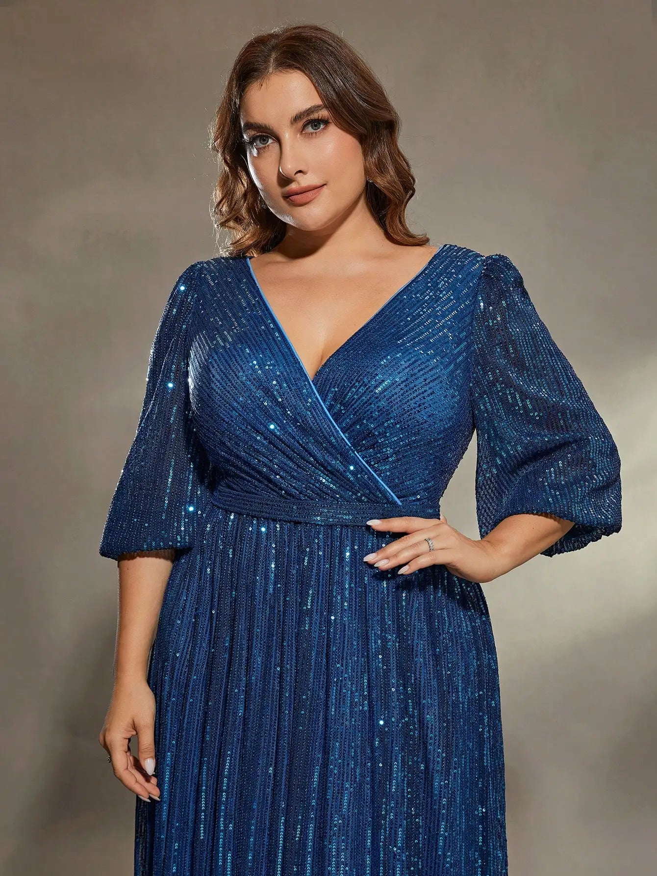 Mgiacy plus size V-neck bust pleated mid-long sleeve A-frame sequin long dress Evening gown PROM dress Party dress