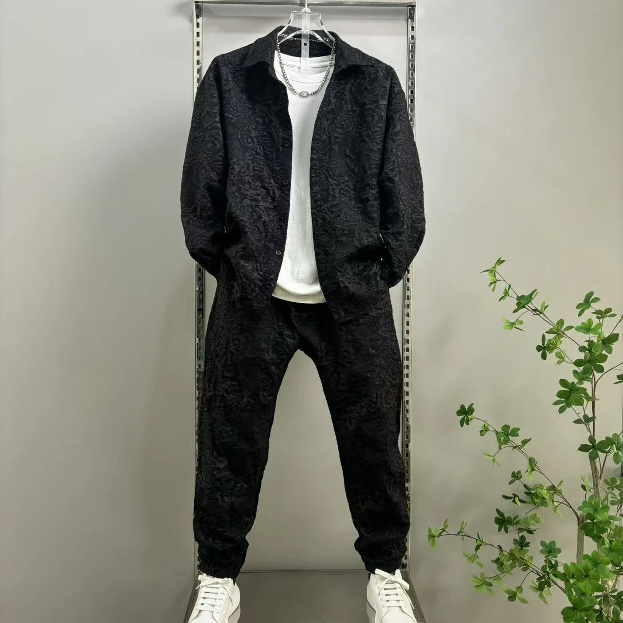 Men's Three-Dimensional Relief Small Fragrance Fashion Shirt Set Casual Versatile Sports Two-Piece Trendy Outfit