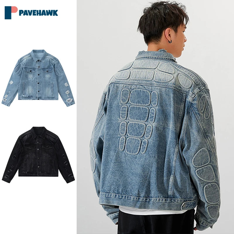 Retro Cargo Denim Jacket Man Gothic Turtle Shell Pattern Hip Hop Bomber Jackets