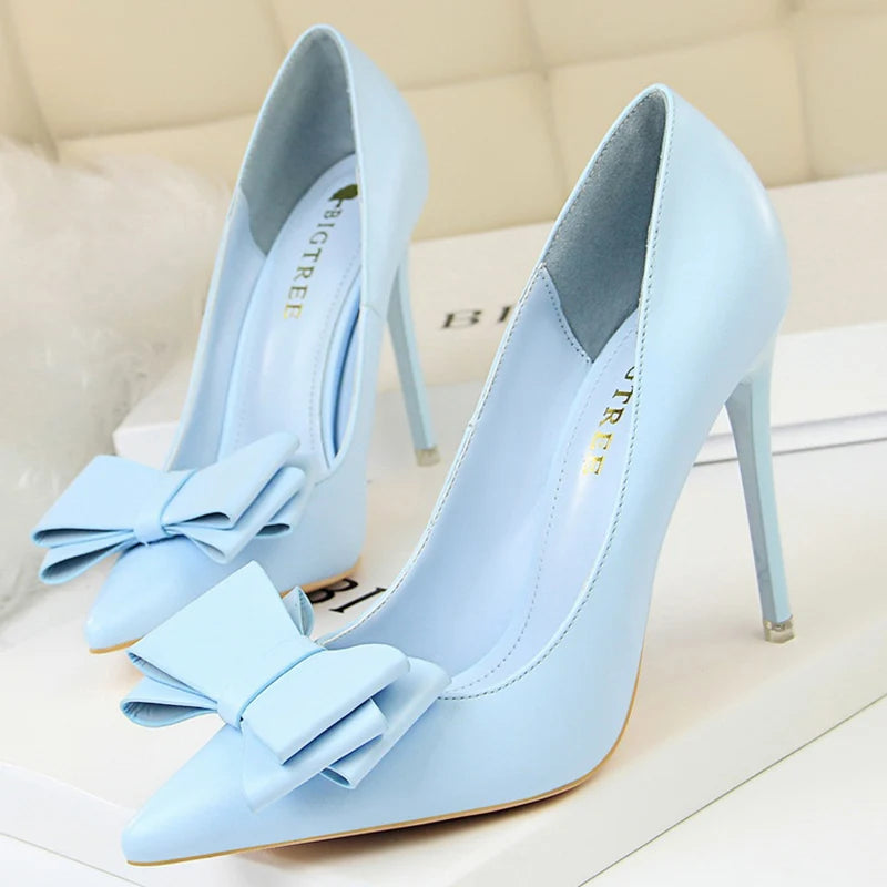 Women Fetish 10.5cm High Heels Blue Yellow Pumps Butterfly Knot Leather Stiletto Heels Lady Escarpins Wedding Party Event Shoes