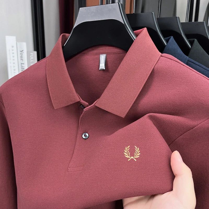 100% pure cotton high-end brand men's long sleeved polo shirt autumn fashion hot selling wheat embroidery golf business T-shirt