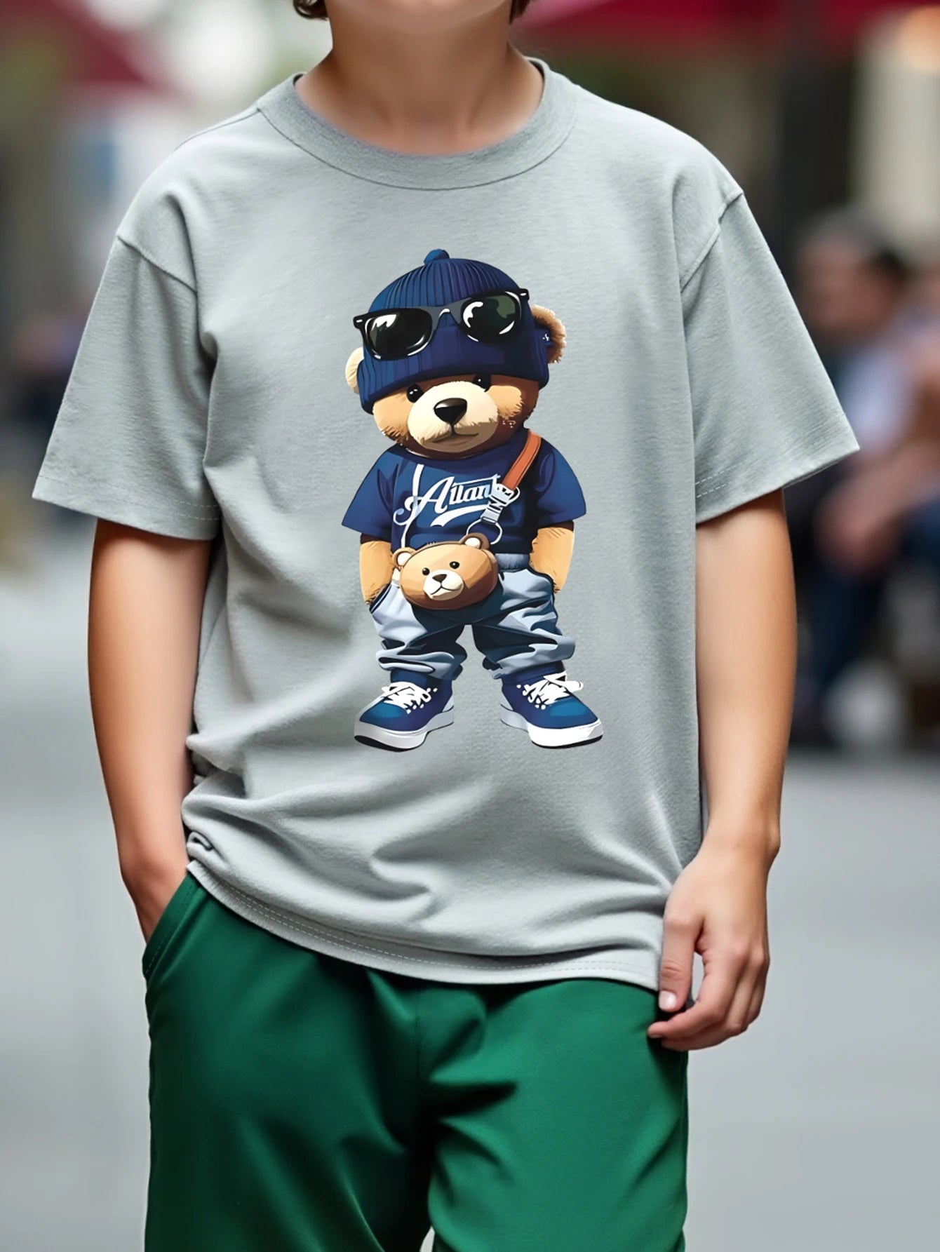Summer Boys' Cool Casual Cartoon Bear Print T-Shirt & Green Knit Shorts 2-Piece Outfit Set