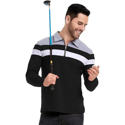Men's Long Sleeve Striped Polo Shirts 1/4 Zip Cotton Patchwork Collared Shirt Casual Fashion Pullover Slim Fit Golf Shirt
