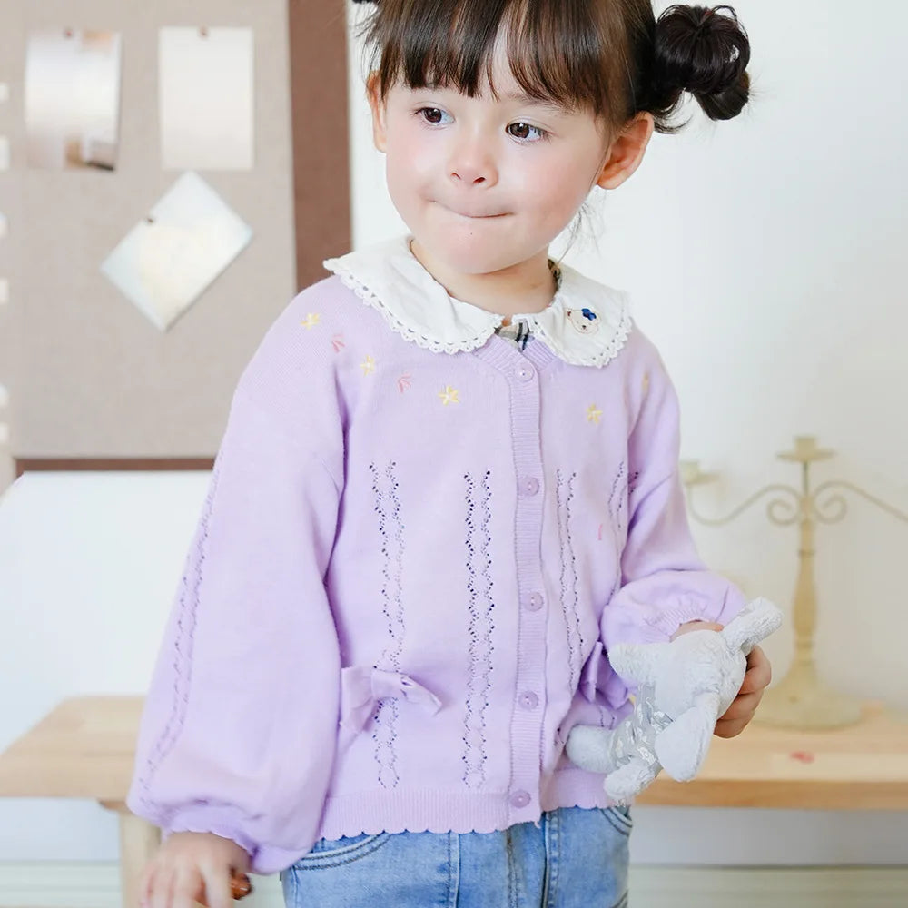 Cute Bow Purple Embroidery Jacket Girls Cardigan V-neck Sweater Pink Coat