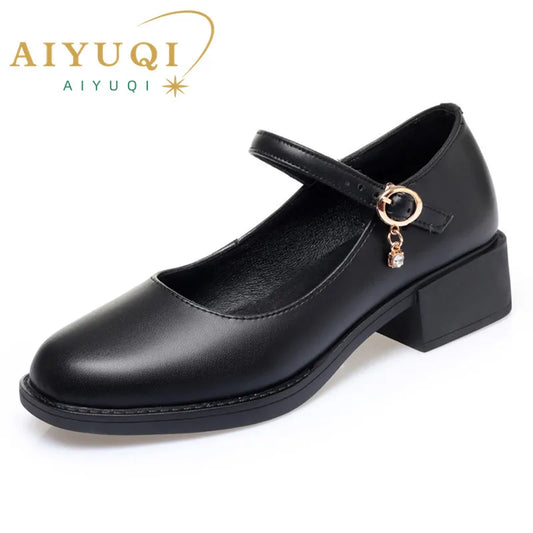 AIYUQI Women's Shoes Genuine Leather 2023 New Mid-heel Mary Jane Shoes Women Shiny Fashion Large Size Ladies Office Shoes