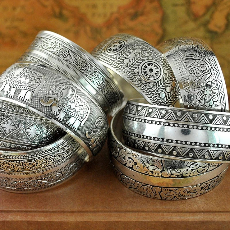 Meetvii New Retro Cuff Bracelets Tibetan Silver Metal Carving Sea Turtle Lotus Elephant Flower Bangles Vintage Gypsy Jewelry