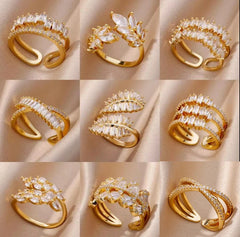 White Zircon Flower Leaf Shape Stainless Steel Rings For Women Adjustable Aesthetic