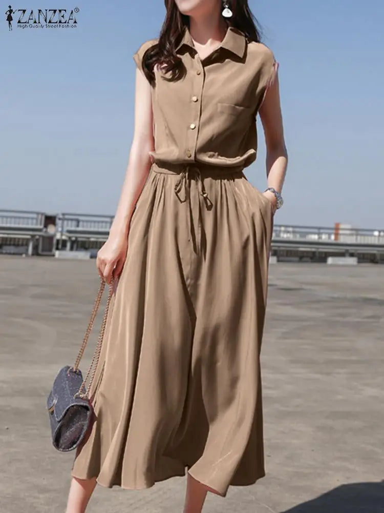 Evening wear Dresses: Office Work Dress Women Lapel Neck Sleeveless