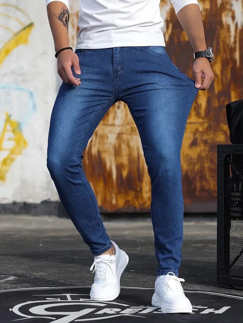 Man Pants Retro Washing Zipper Stretch Jeans Casual Slim Fit Trousers Male Plus Size